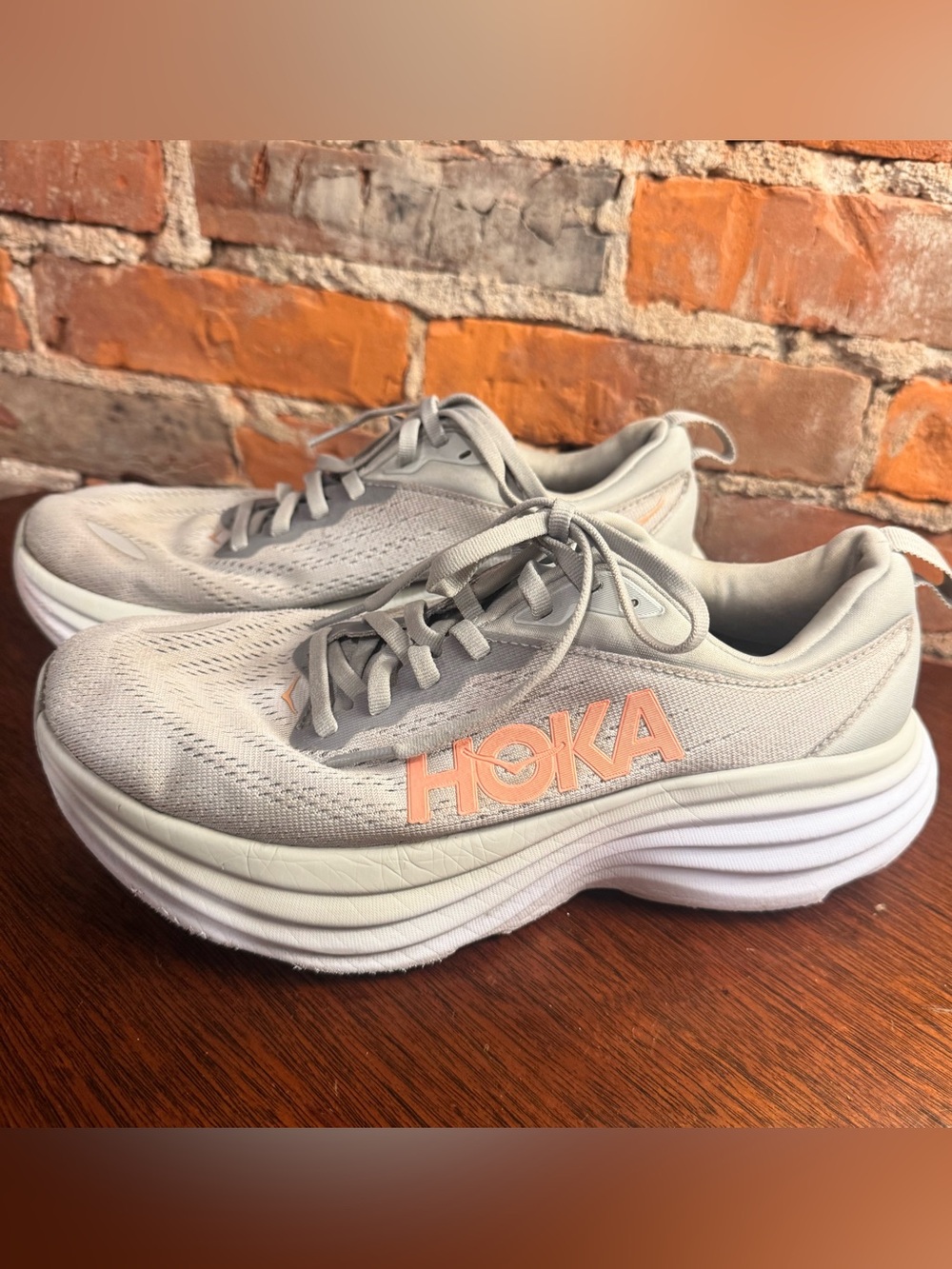 Hoka Women's Athletic Shoes in Light Gray with Peach Logo